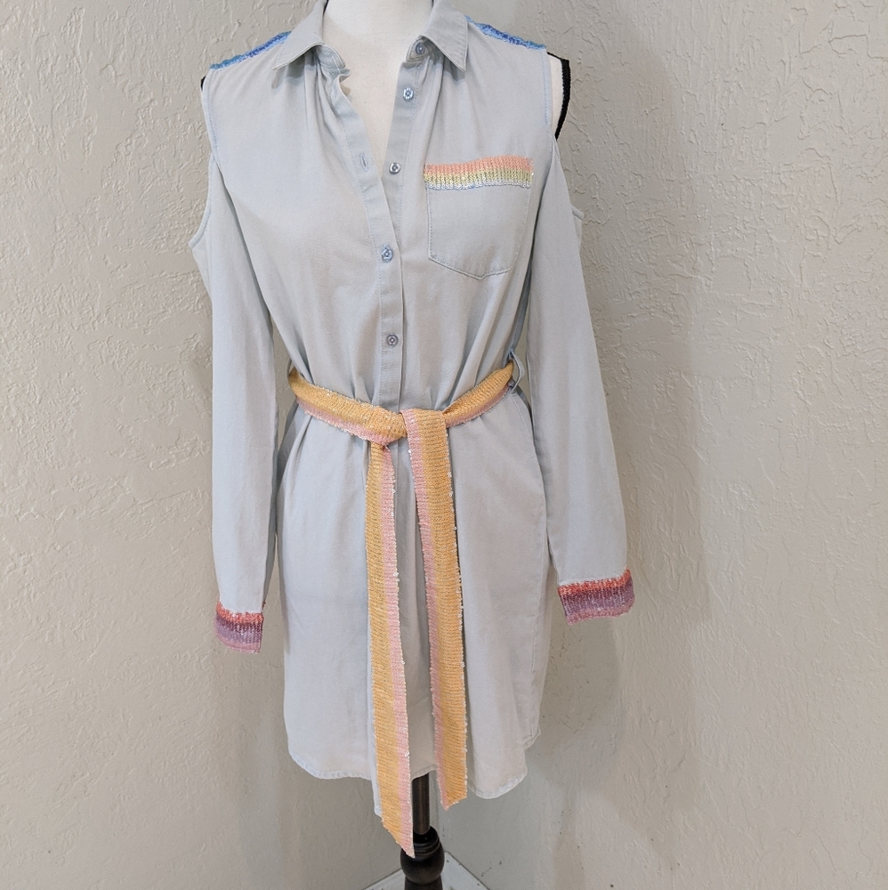 Pale blue denim cold shoulder dress with sequins